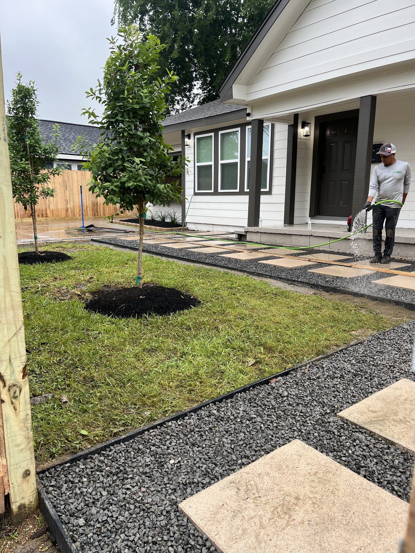 Front yard landscape install in progress Kingwood TX